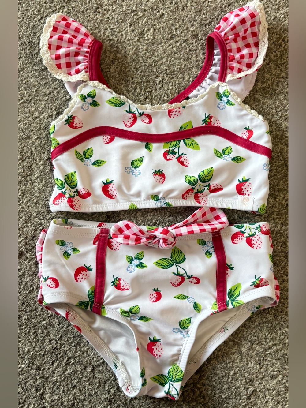 SweetHoney White Strawberry Print Bikini with Pink Gingham Bow